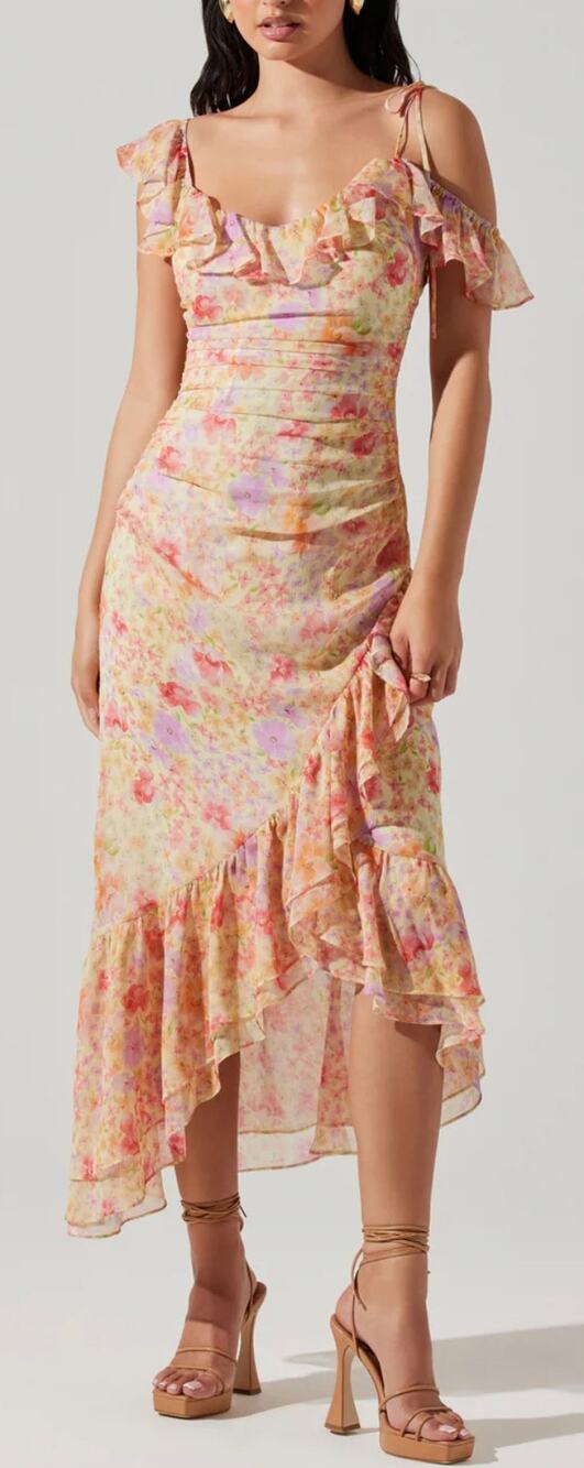ASTR THE Label Luvita Floral Ruffled Midi-Dress Garden Party Coastal Women's L